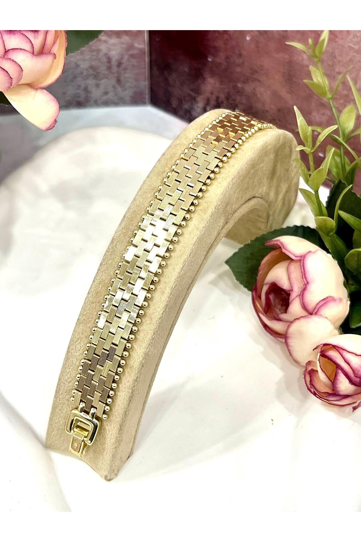 VIP Seri İşlemeli Hasır Desenli Gold Bileklik (Gold14k/18cm)