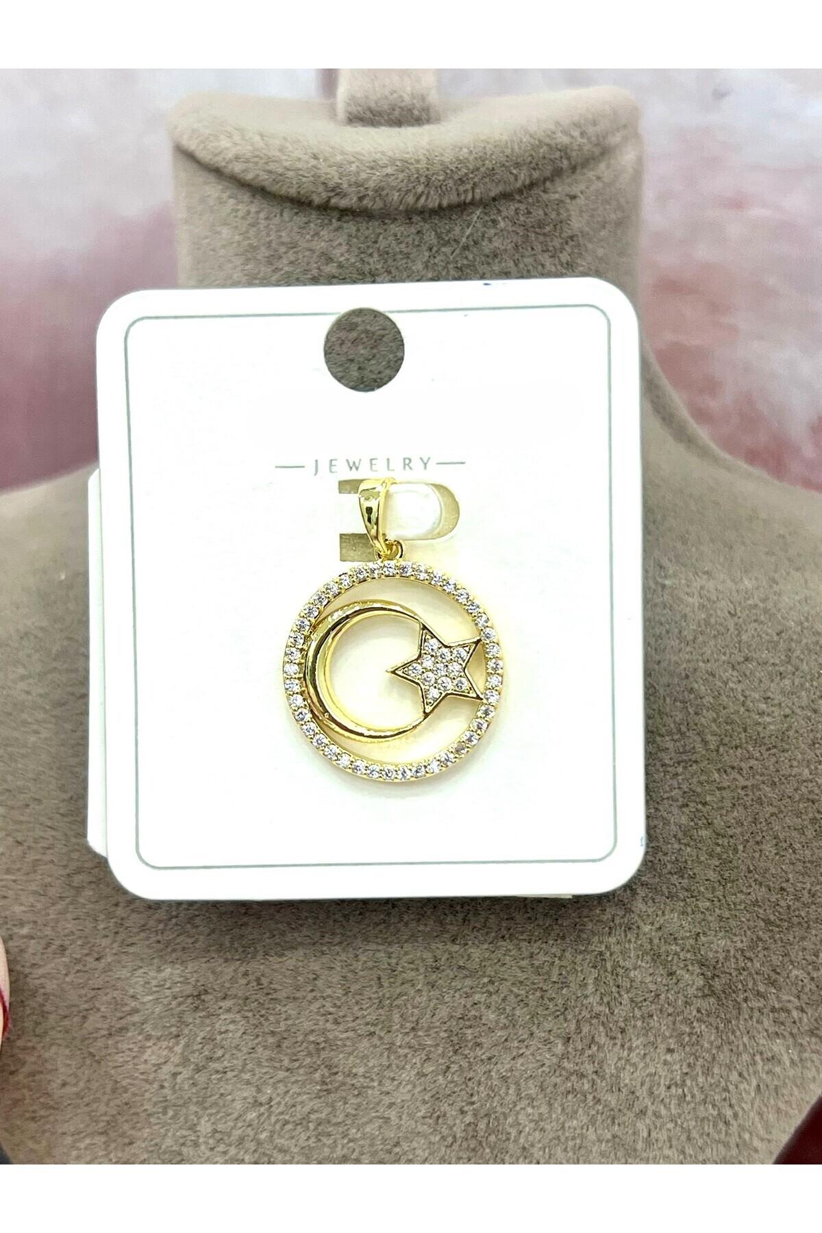 Işıltılı Zirkon Taşlı Ay Yıldız Kolye Ucu - Özel Tasarım (14k Gold / 1.9x1.9cm) - Görsel 2