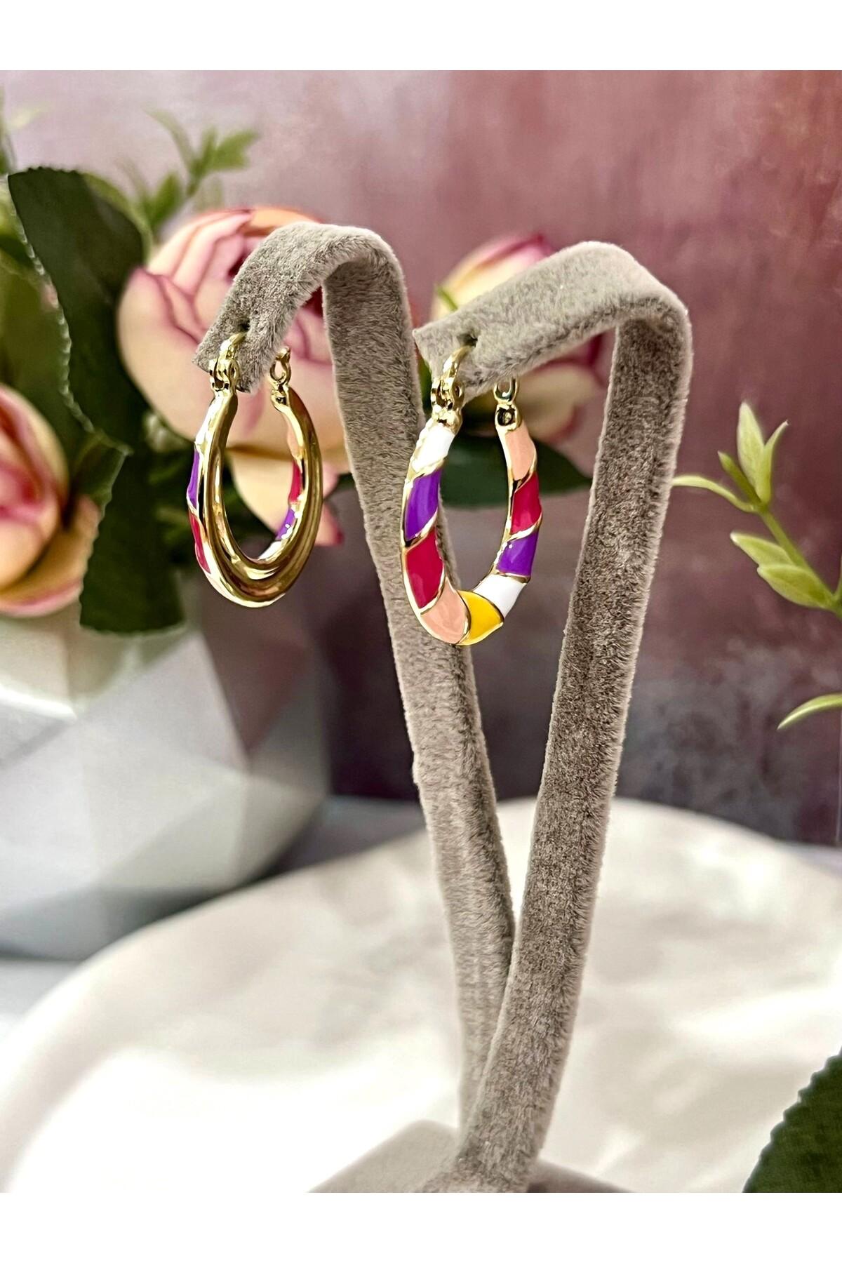 Kadın Renkli Halka Küpe Gold Kaplama Mine Detaylı (14k Gold) - Görsel 2