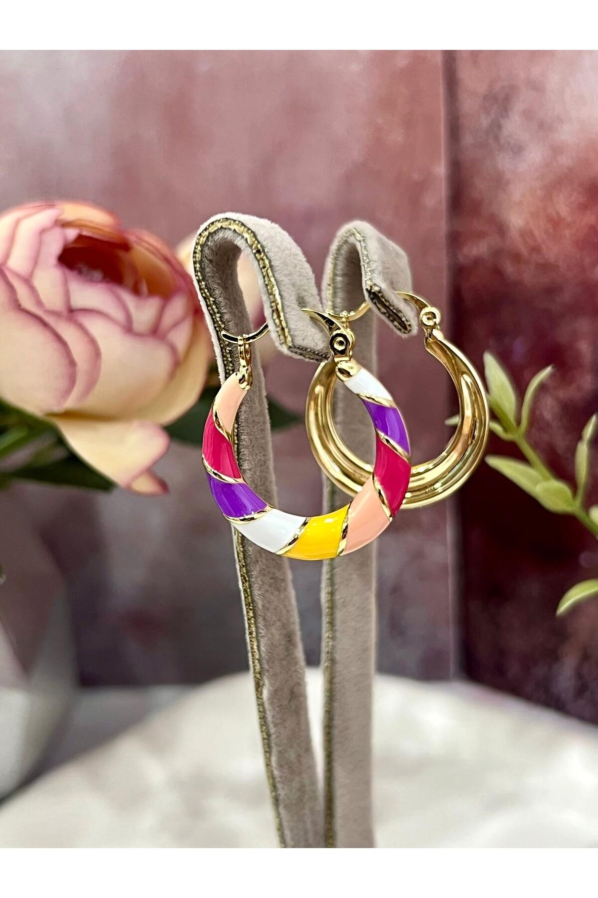 Kadın Renkli Halka Küpe Gold Kaplama Mine Detaylı (14k Gold)