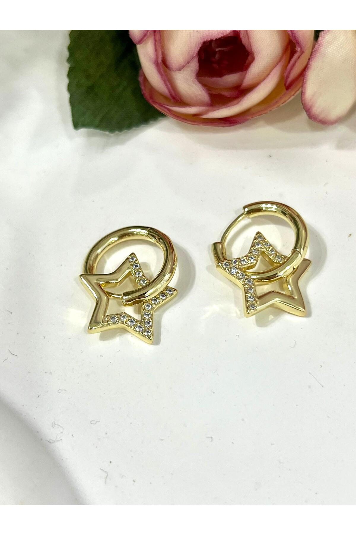 Taşlı Yıldız Küpe Kadın Şık Günlük ve Özel Gün Takısı (14k Gold) - Görsel 5