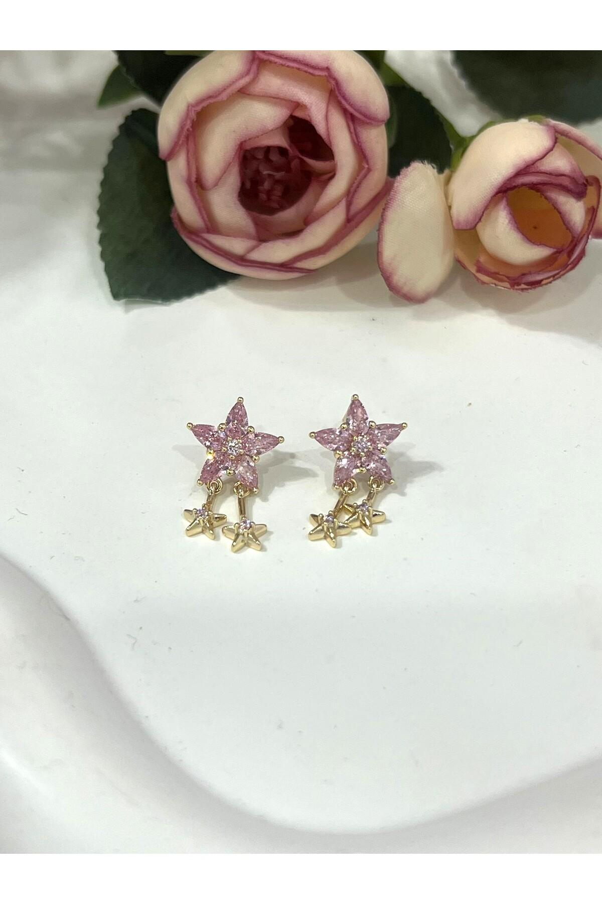 Kutup Yıldızı Serisi: Pembe Taşlı Sallantılı Gold Küpe(14k Gold 2/1,2cm) - Görsel 4