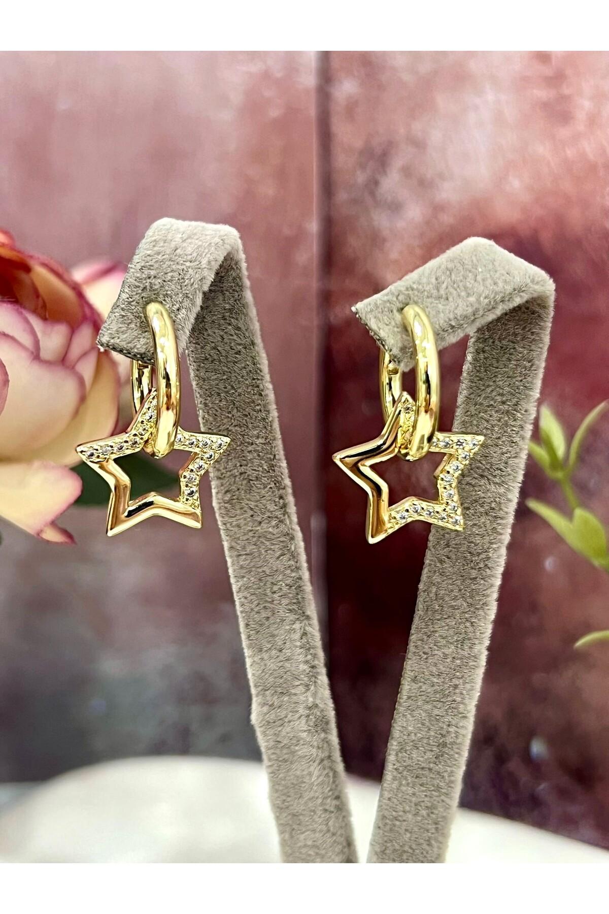 Taşlı Yıldız Küpe Kadın Şık Günlük ve Özel Gün Takısı (14k Gold) - Görsel 2