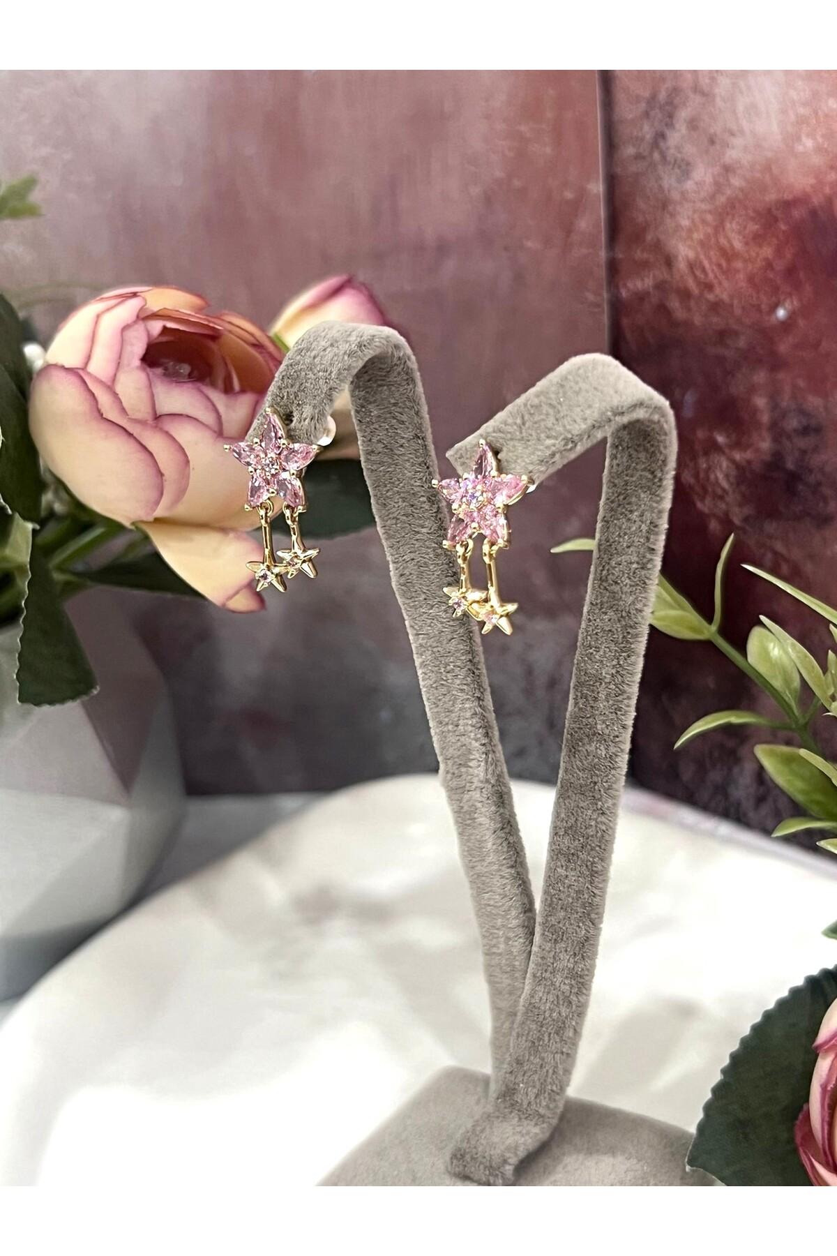 Kutup Yıldızı Serisi: Pembe Taşlı Sallantılı Gold Küpe(14k Gold 2/1,2cm) - Görsel 3