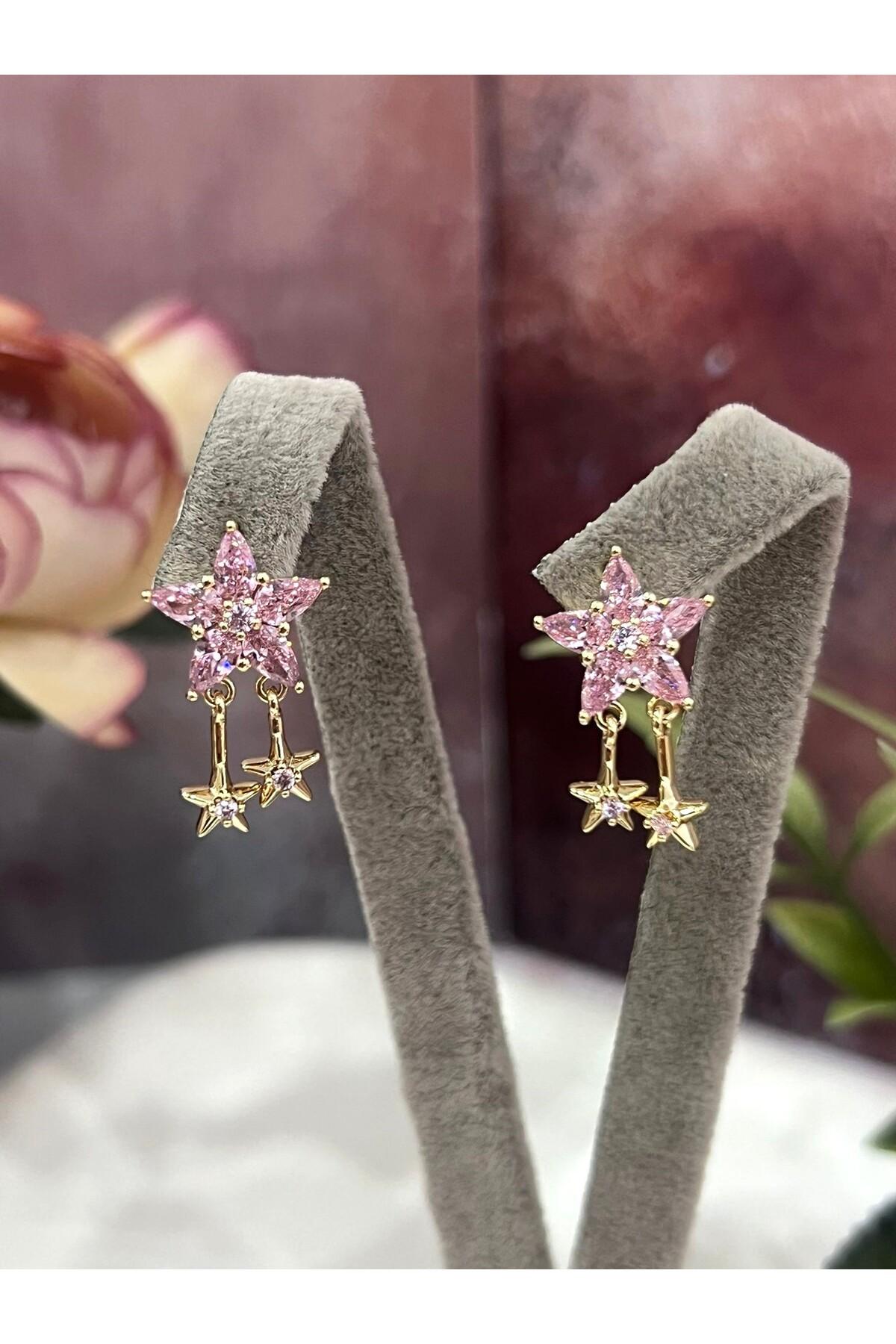 Kutup Yıldızı Serisi: Pembe Taşlı Sallantılı Gold Küpe(14k Gold 2/1,2cm)