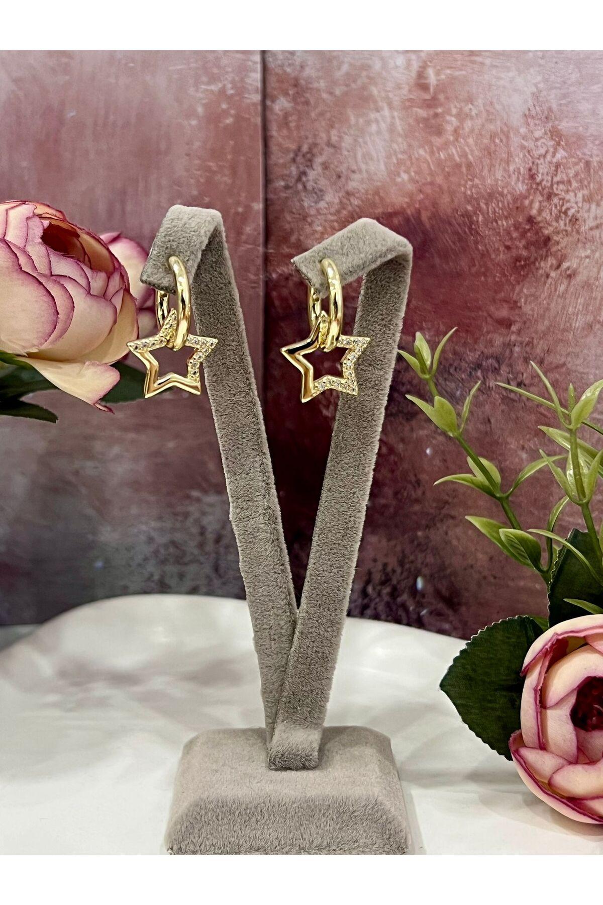 Taşlı Yıldız Küpe Kadın Şık Günlük ve Özel Gün Takısı (14k Gold) - Görsel 4