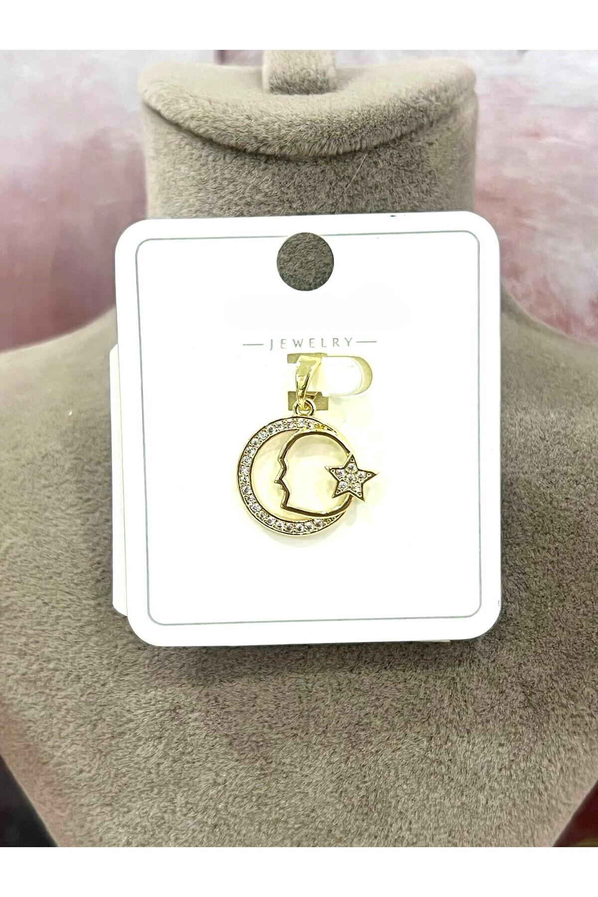 Atatürk Portreli Işıltılı Ay Yıldız Kolye Ucu - Vip Seri (14k Gold / 1.7x1.5cm)