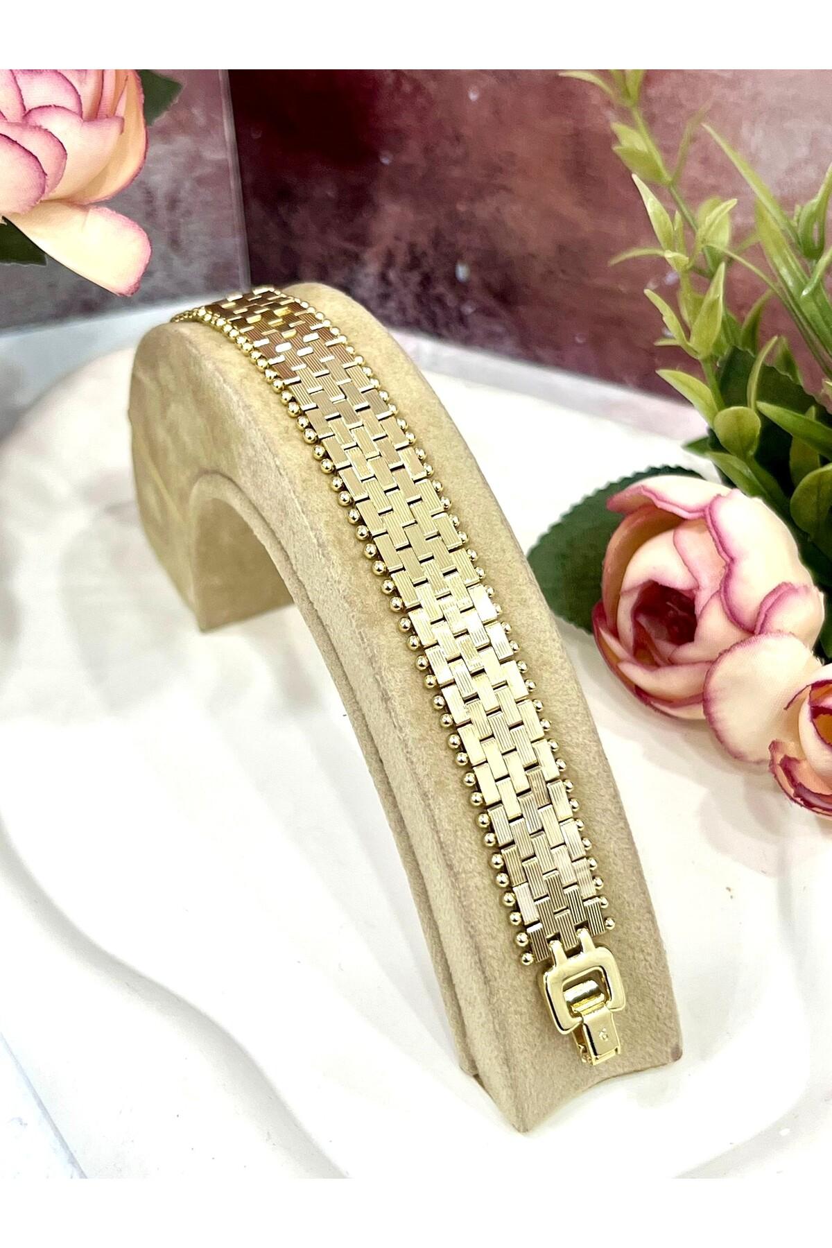 VIP Seri İşlemeli Hasır Desenli Gold Bileklik (Gold14k/18cm) - Görsel 3