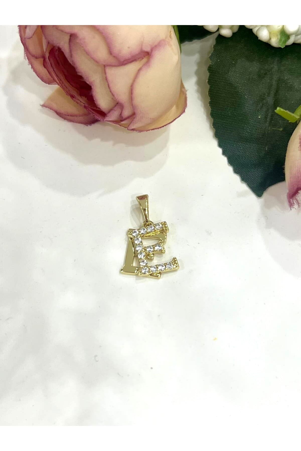 Zirkon Taşlı Harf E Kolye Ucu (14k Gold 1x1cm) - Görsel 3
